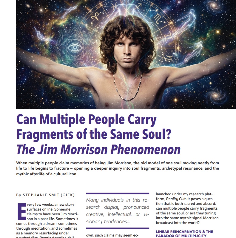 New Dawn Magazine feature by Stephanie Smit exploring reincarnation research, soul fragmentation, collective memory, and the Jim Morrison phenomenon.
